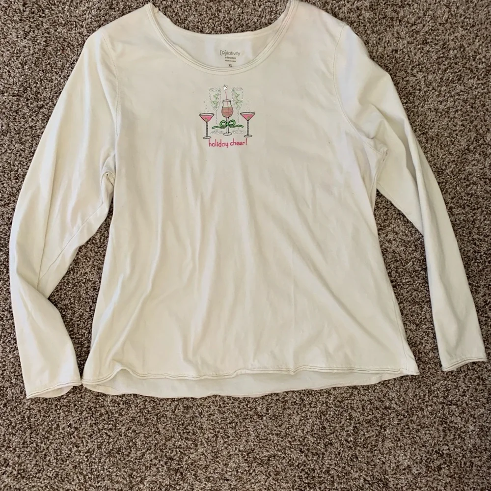 Holiday Cheer Cotton Tee XL Cream Embellished Festive Drinks Celebrate